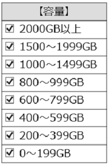 SSDの容量選択パネル